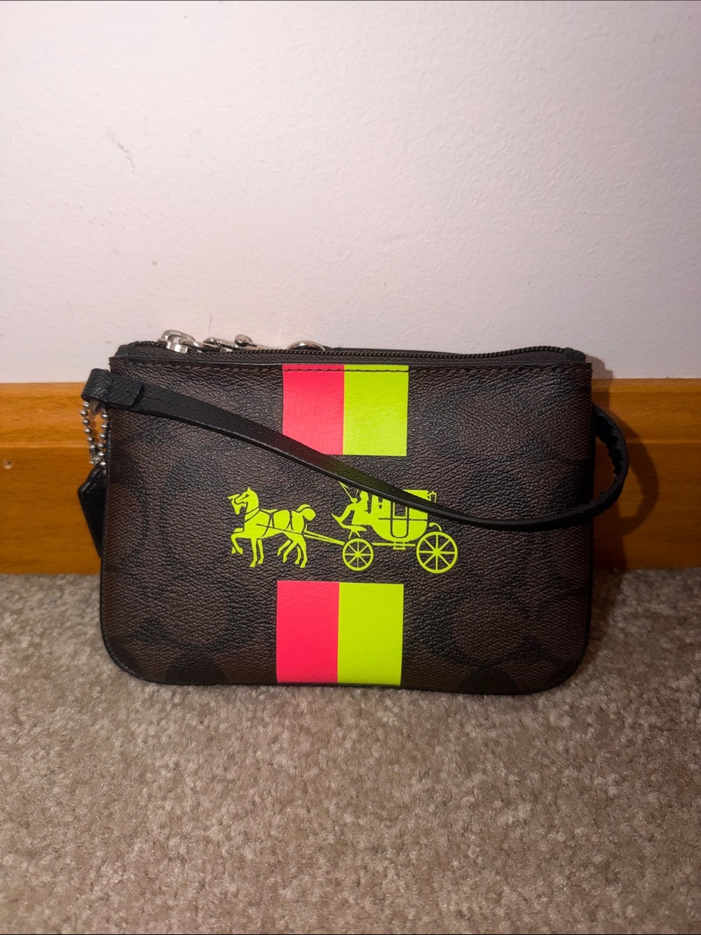 Coach Brown Signature Wristlet with Neon Pink & Neon Green Stripes